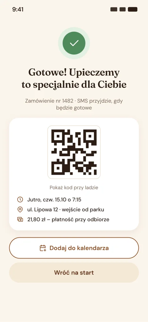 Ekran aplikacji: Dostaje kod odbioru i SMS – bez dzwonienia