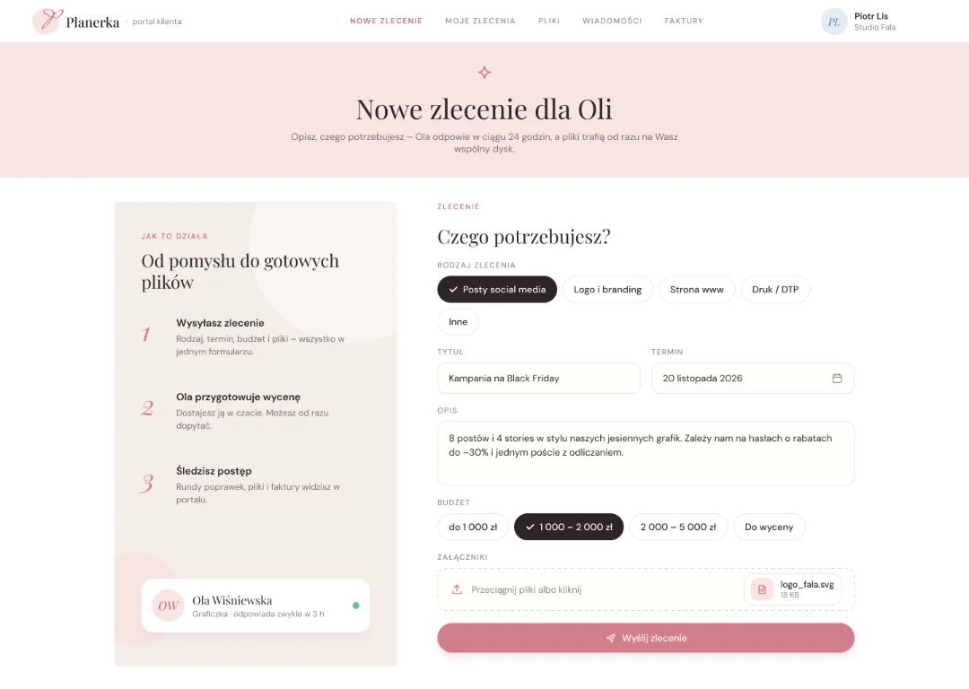 Ekran na komputerze: Portal klienta – nowe zlecenie