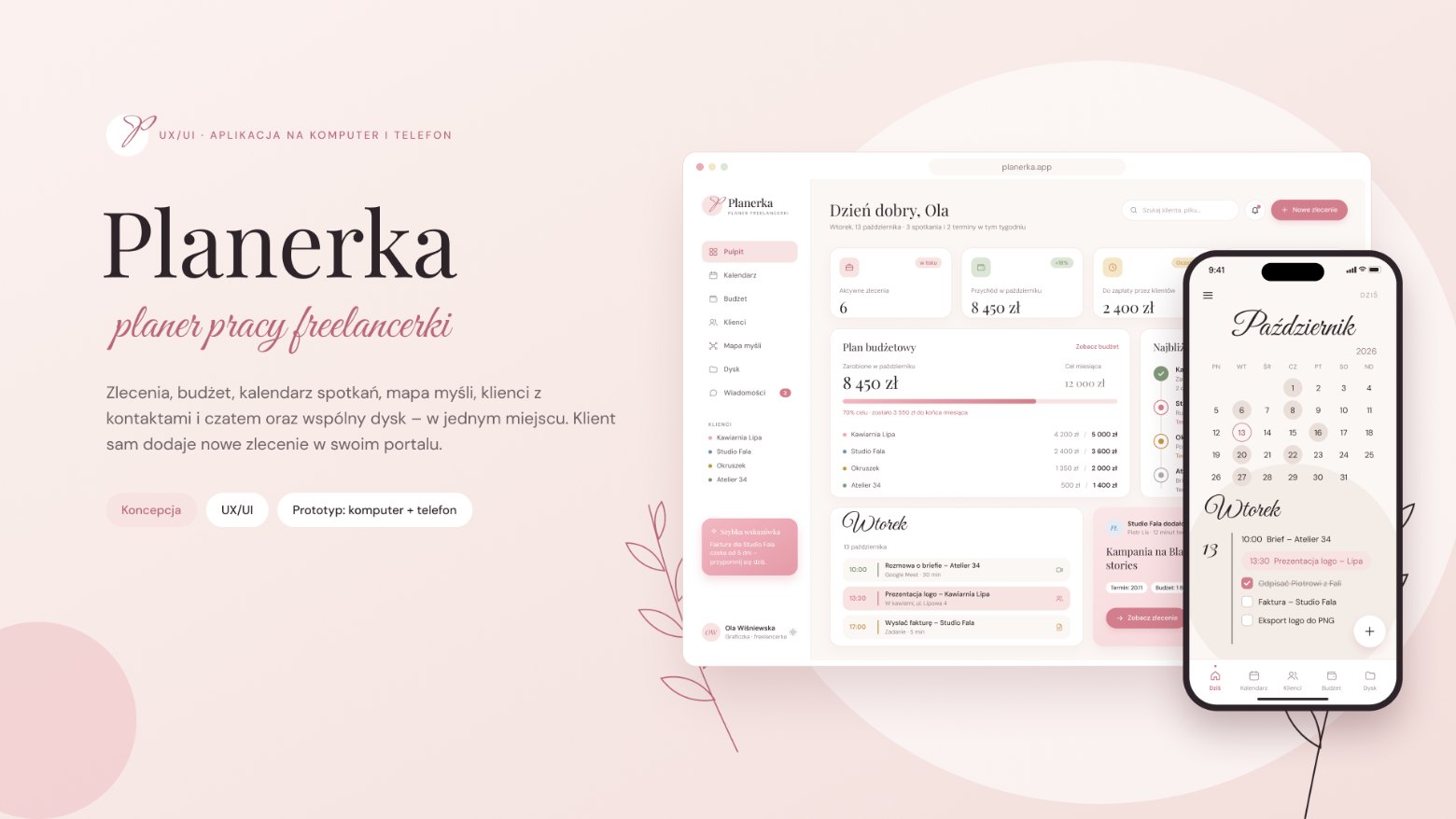 Okładka projektu Planerka – planer pracy freelancerki: pulpit aplikacji na komputerze i kalendarz na telefonie