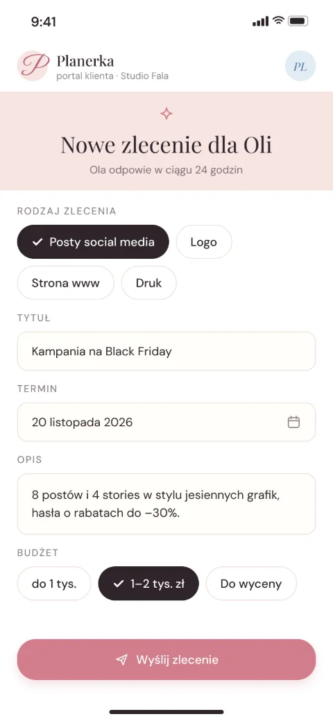 Ekran aplikacji: Klient opisuje zlecenie w portalu