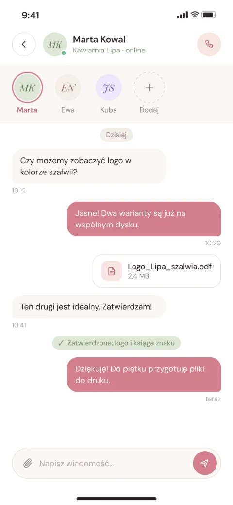 Ekran aplikacji: Ola odpowiada w czacie